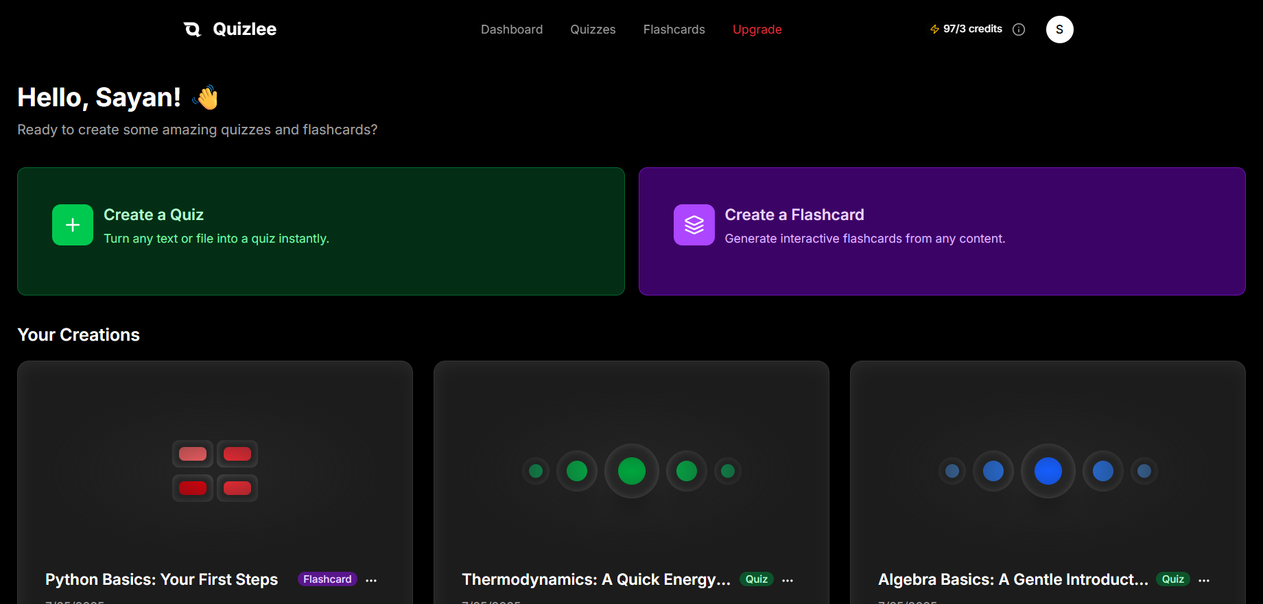 Quizlee Dashboard - Create AI-powered quizzes and flashcards instantly
